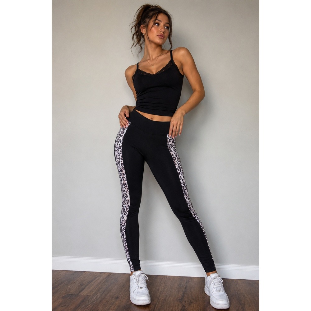 Vie Active Black Leopard‎ Print Side Stripe High Rise Performance Leggings XXS
